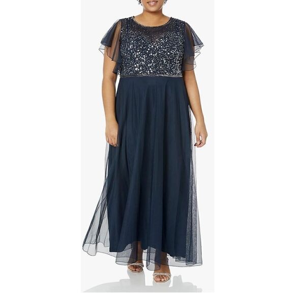 J Kara Women's Illusion Neckline Flutter Sleeve Beaded Long Dress in Grey Size 1 - Picture 1 of 6